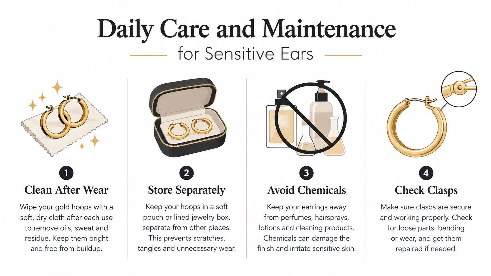An infographic titled Daily Care and Maintenance for Sensitive Ears, showing steps to clean, store, and maintain gold hoops.