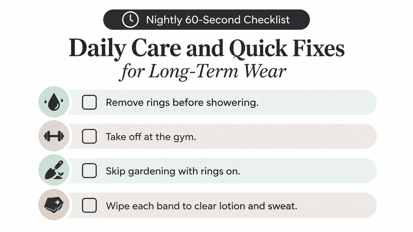 A checklist infographic titled Daily Care and Quick Fixes for Long-Term Wear for jewelry maintenance.