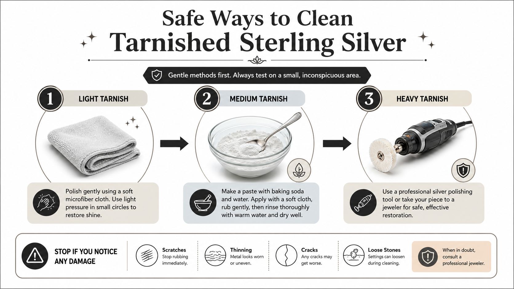 An infographic detailing three safe methods to clean tarnished sterling silver based on the level of tarnish.