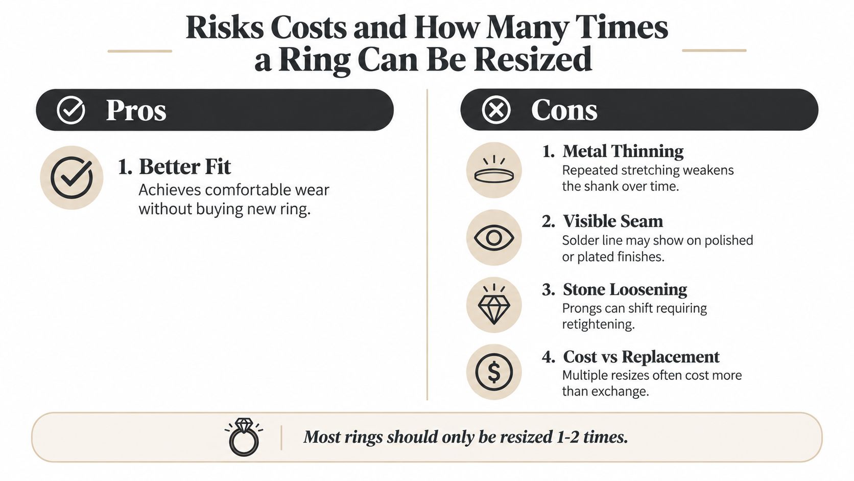 An infographic showing the pros, cons, and limitations of resizing a finger ring for better comfort.