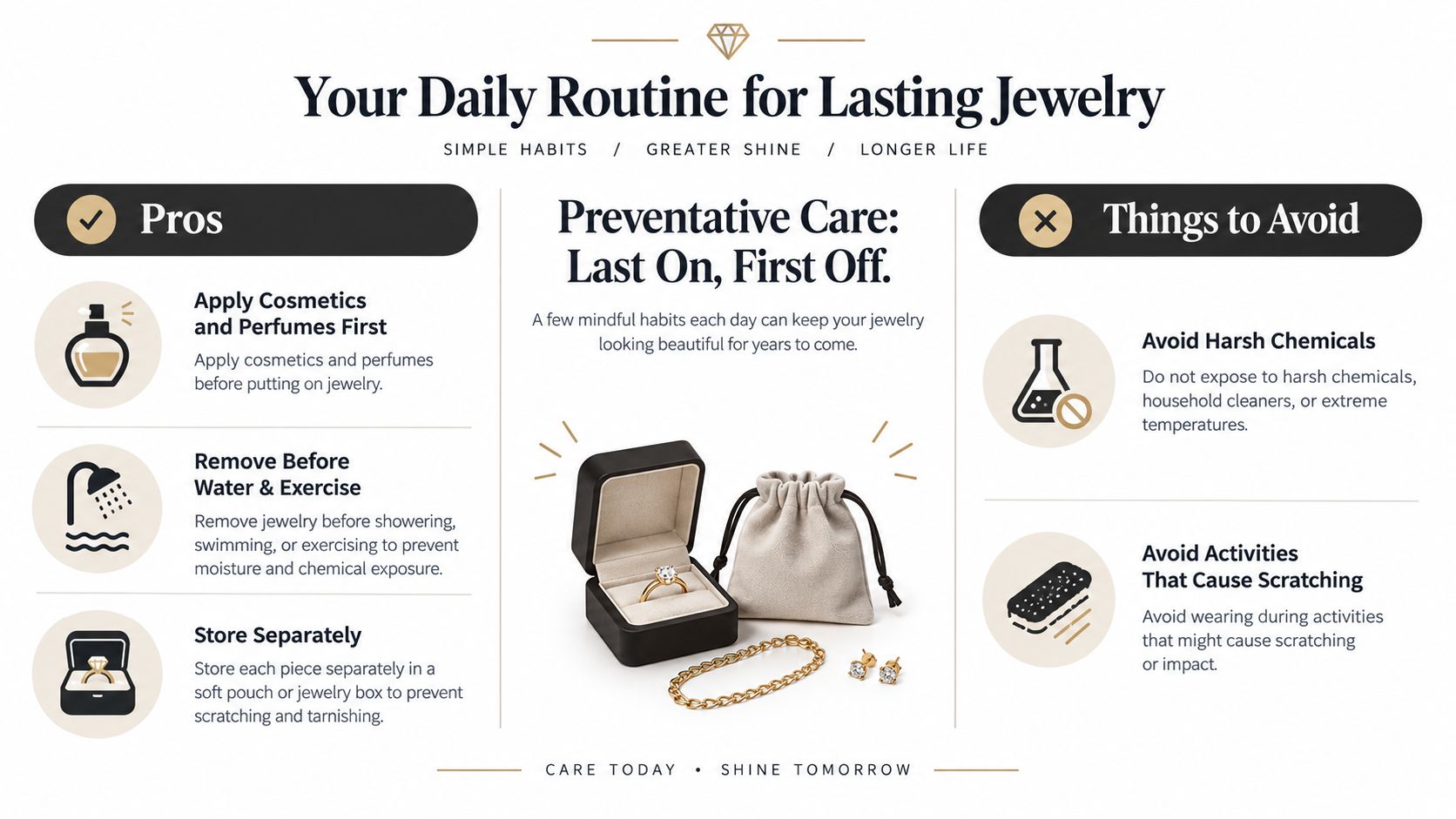 A helpful infographic outlining simple daily tips for maintaining the shine and longevity of fine jewelry.