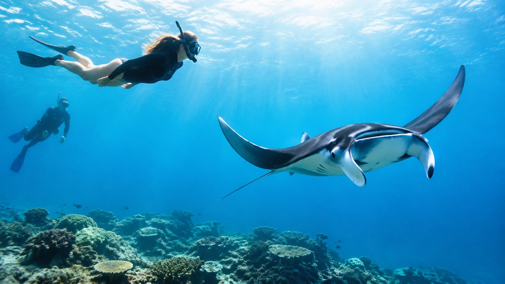 A woman and a man snorkeling in clear blue water next to a graceful manta ray.