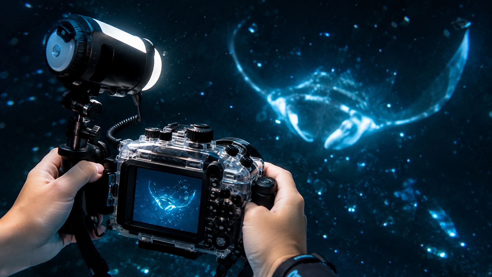 Underwater photographer using a camera with a strobe to capture a glowing manta ray at night.