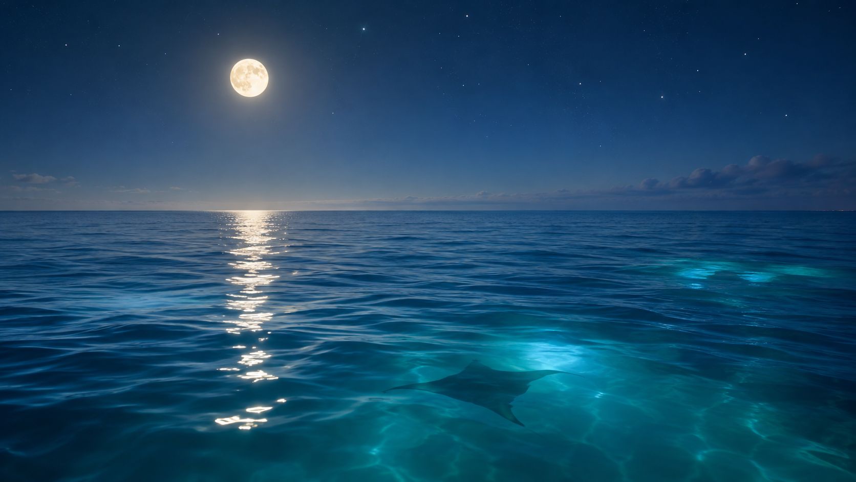 A majestic manta ray swimming in glowing bioluminescent waters beneath a bright full moon at night.