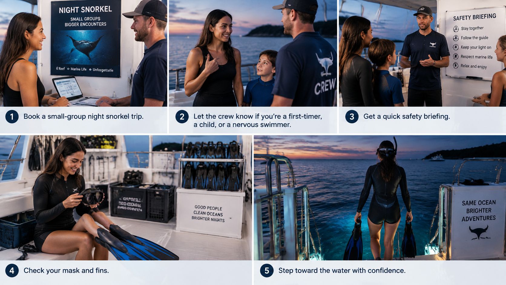A five-step guide showcasing preparation for a professional night snorkeling adventure with a crew member.