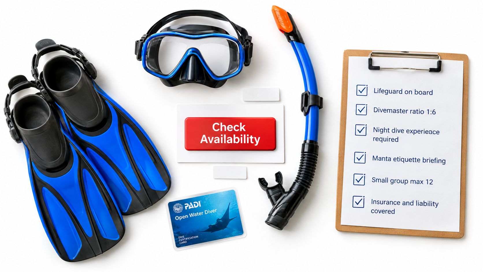 Scuba diving equipment including flippers, a mask, snorkel, certification card, and a checklist on a clipboard.