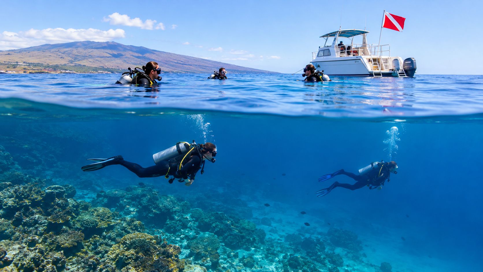 Scuba divers swimming above a vibrant coral reef near a boat in Hawaii with mountain scenery.