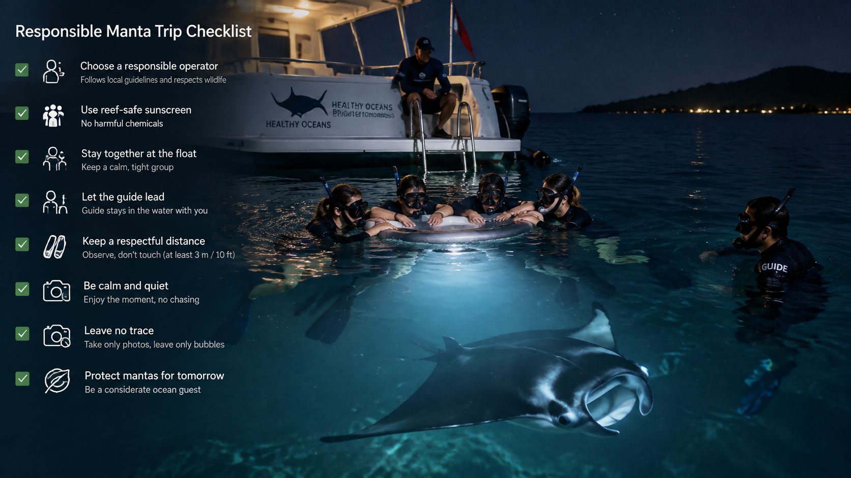 A group of snorkelers observing a manta ray at night near a boat with a checklist