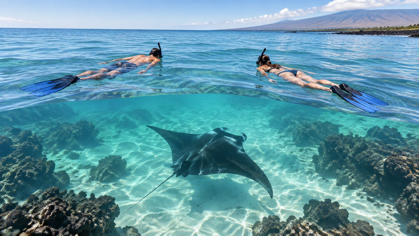 A man and woman snorkeling in clear ocean water alongside a graceful manta ray swimming below.