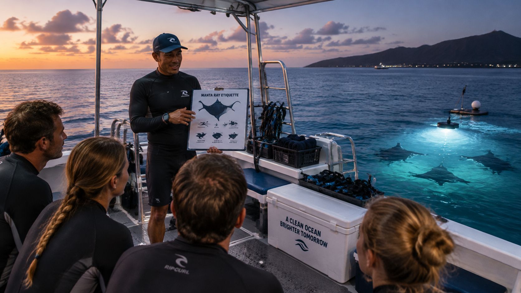 A boat tour guide instructs tourists about manta ray etiquette before a night snorkeling adventure in Hawaii.