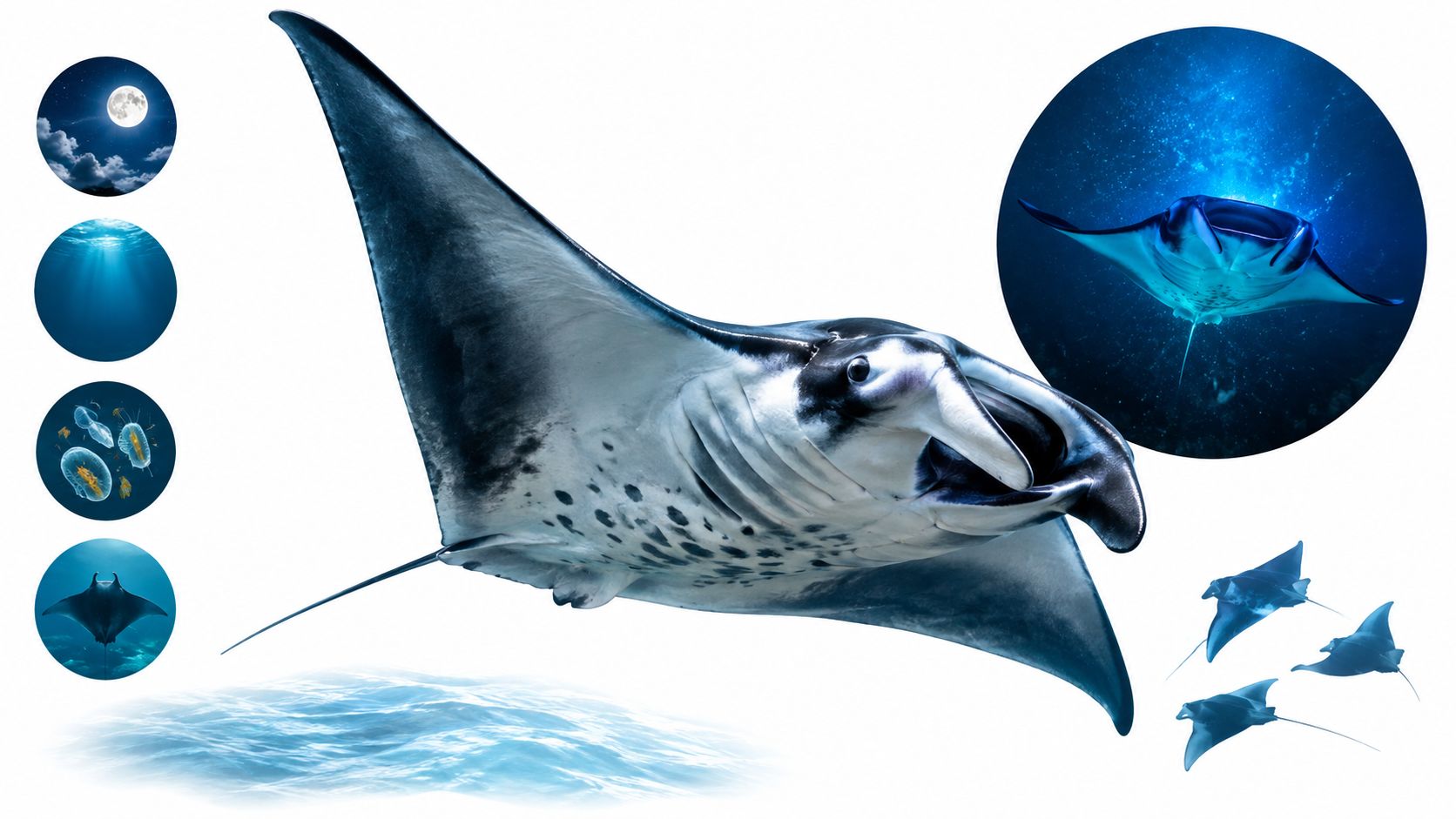 A majestic manta ray swimming gracefully with circular insets showing ocean life and nocturnal scenes.