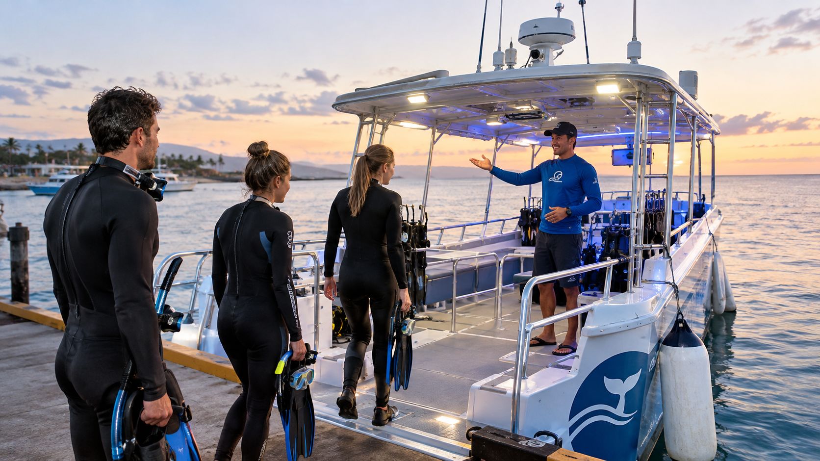A group of snorkelers boarding a boat at sunset for a manta ray snorkeling tour.