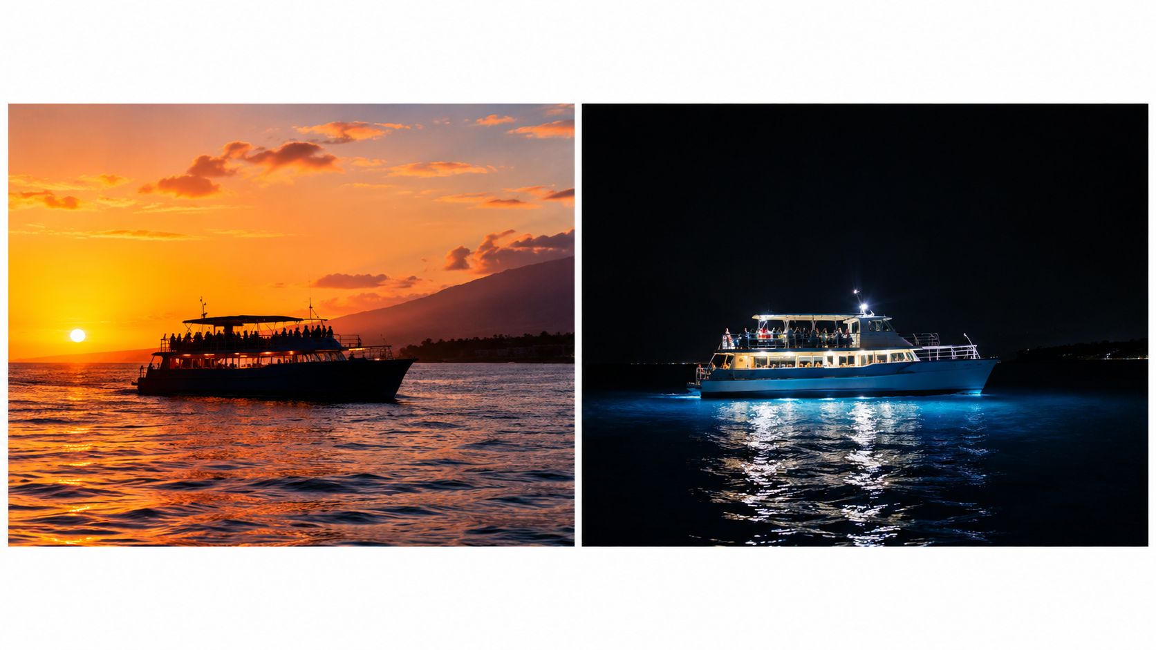 A split screen comparing a boat during a golden sunset and the same boat at night
