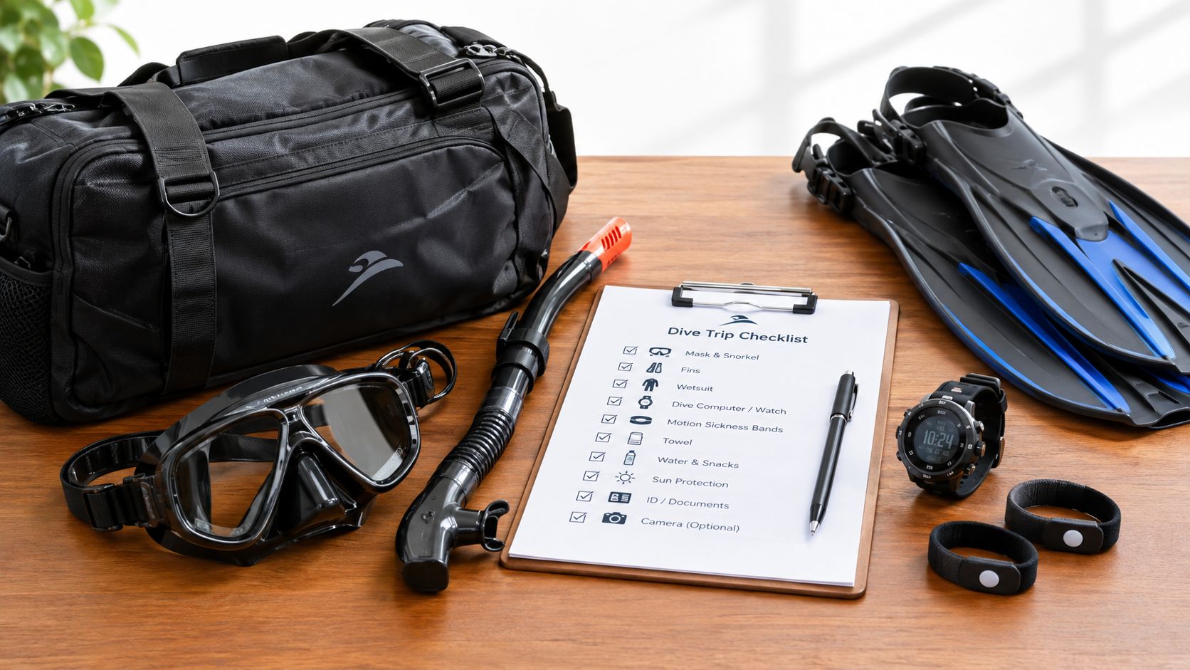 A dive bag, fins, mask, snorkel, watch, and a checklist laid out on a wooden surface.