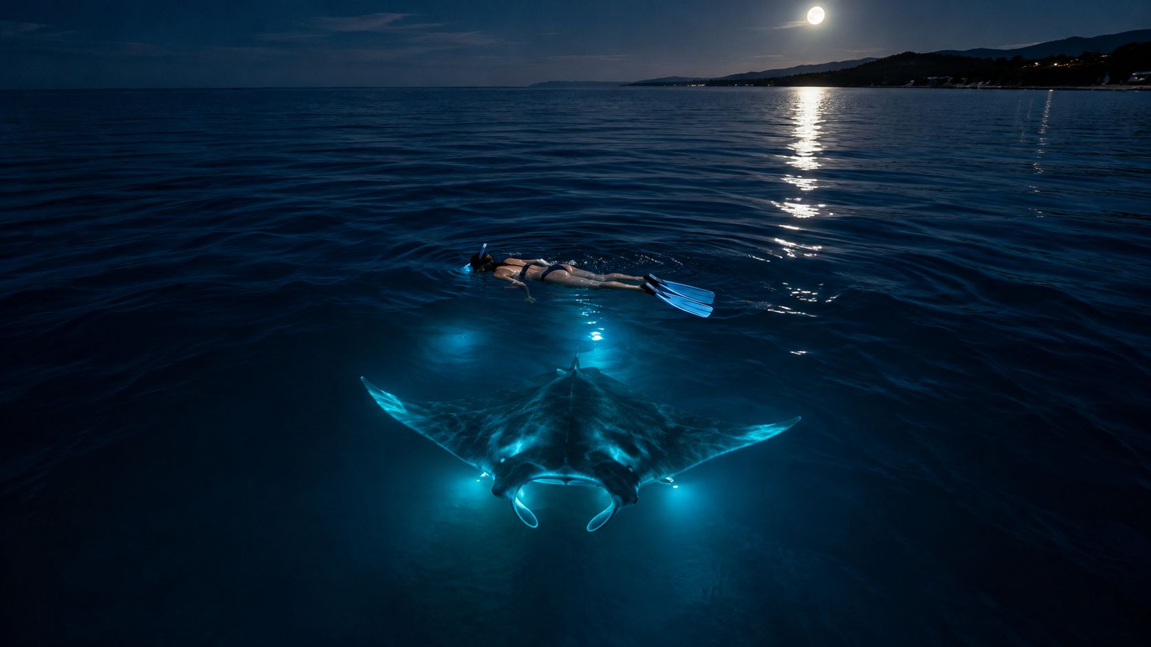 A person snorkeling at night with a glowing manta ray swimming in dark, deep blue ocean waters.