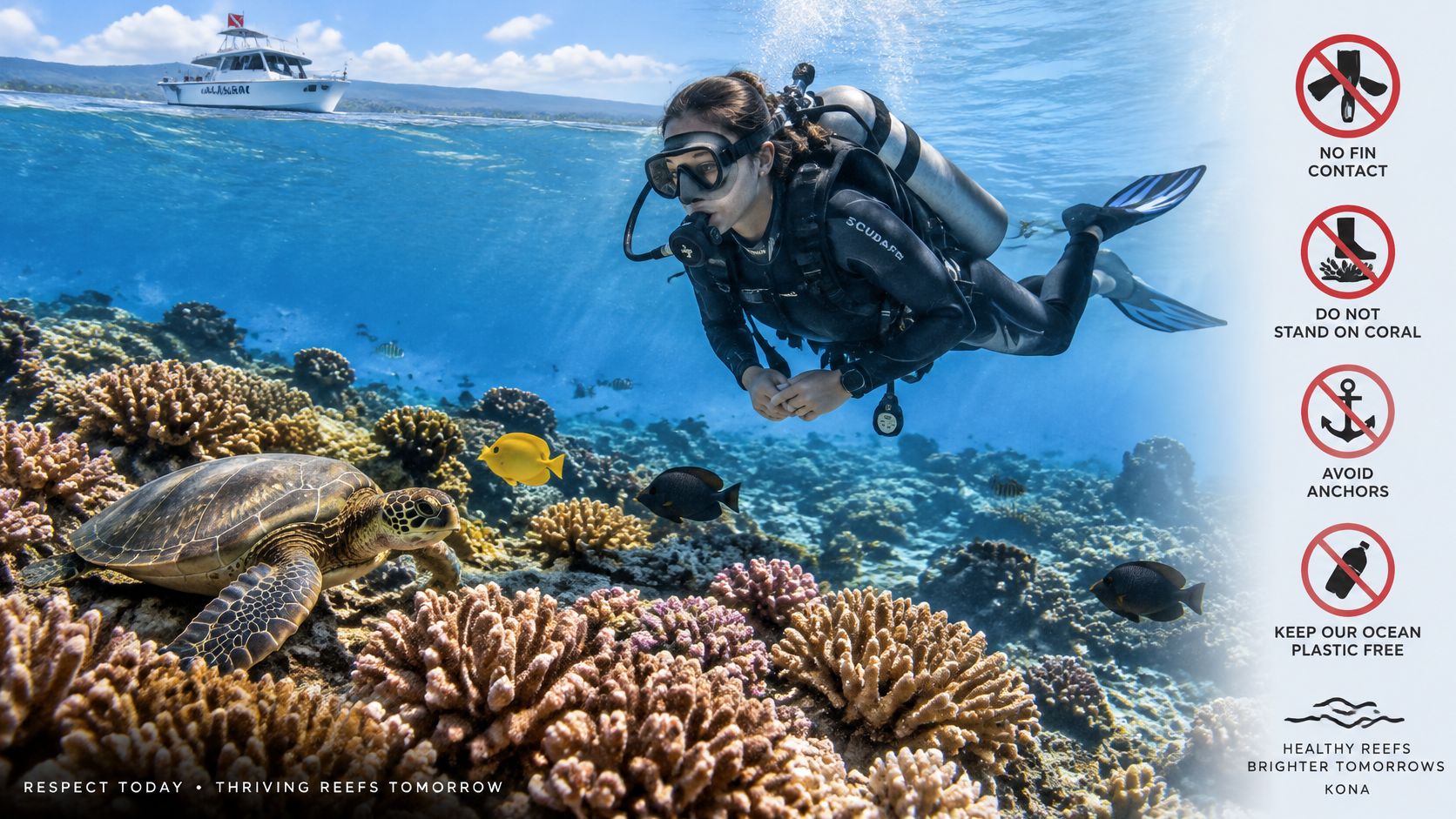 A scuba diver swims near a sea turtle and coral reef with environmental protection guidelines on the right.
