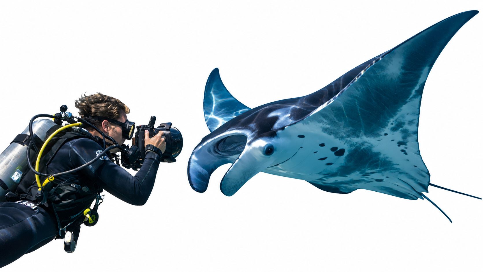 A scuba diver photographing a majestic manta ray underwater in the clear ocean.
