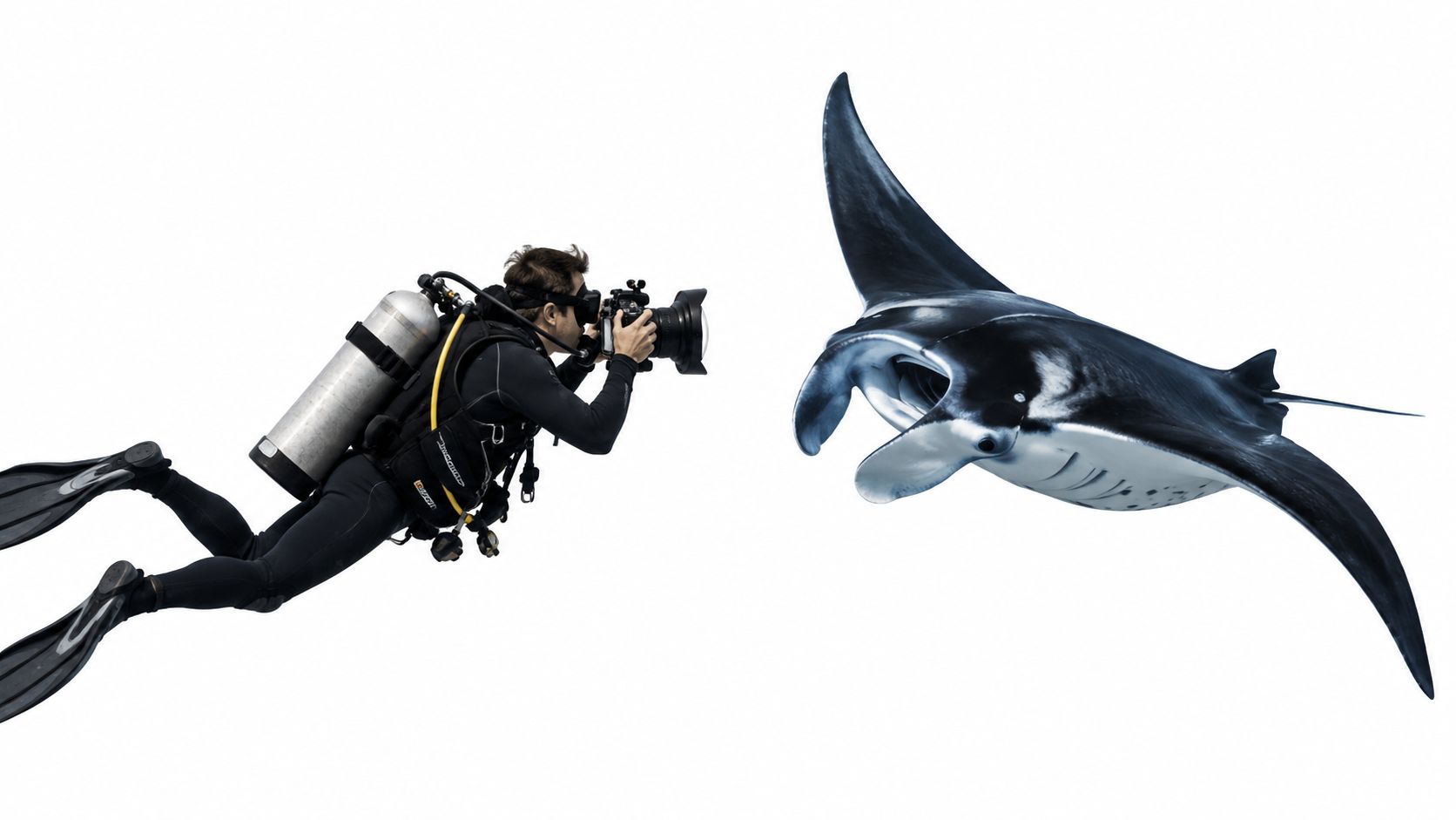 A scuba diver takes a photograph of a large manta ray swimming against a white background