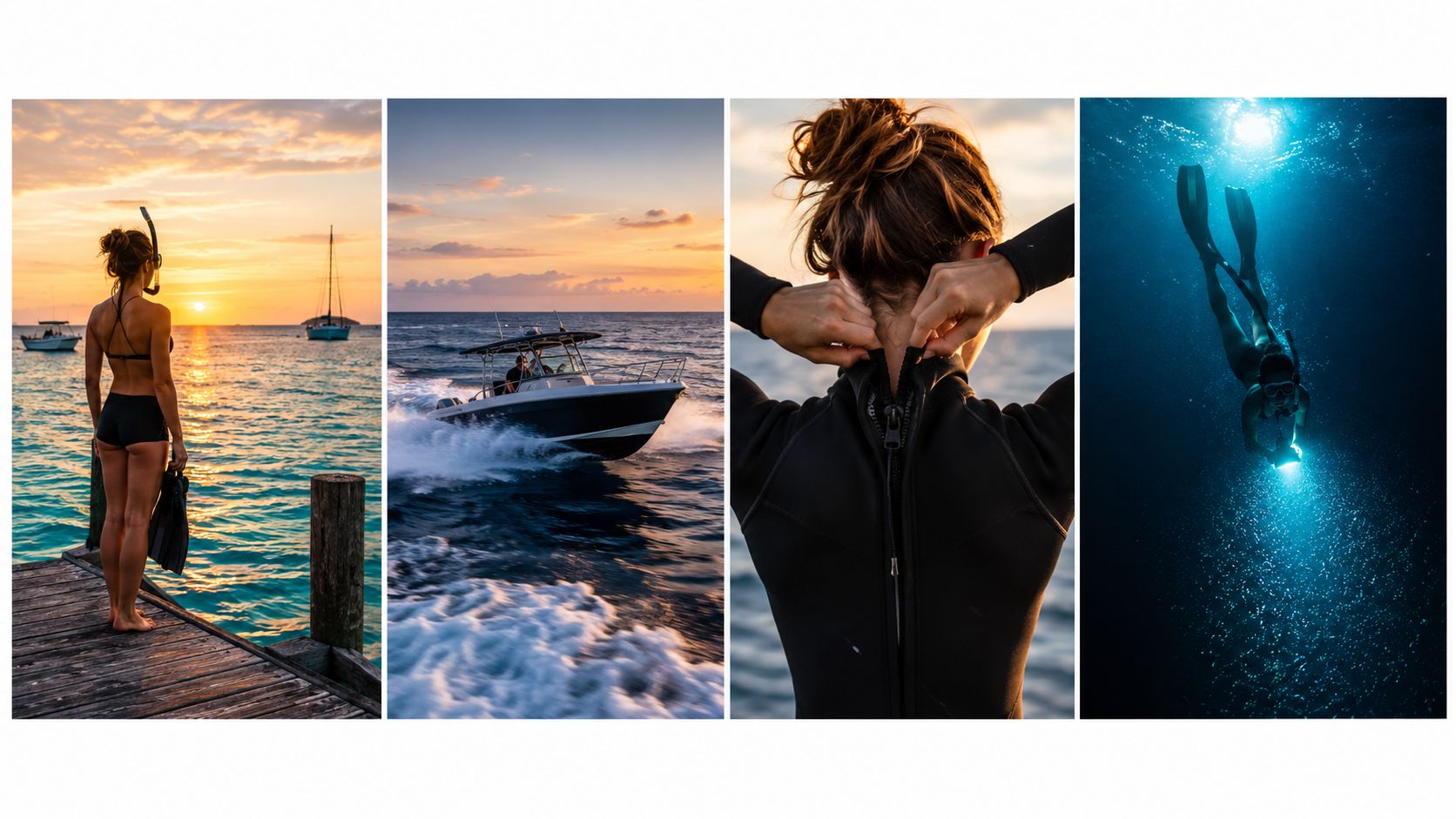 A composite image showing a person preparing for a snorkeling adventure in the ocean at sunset.
