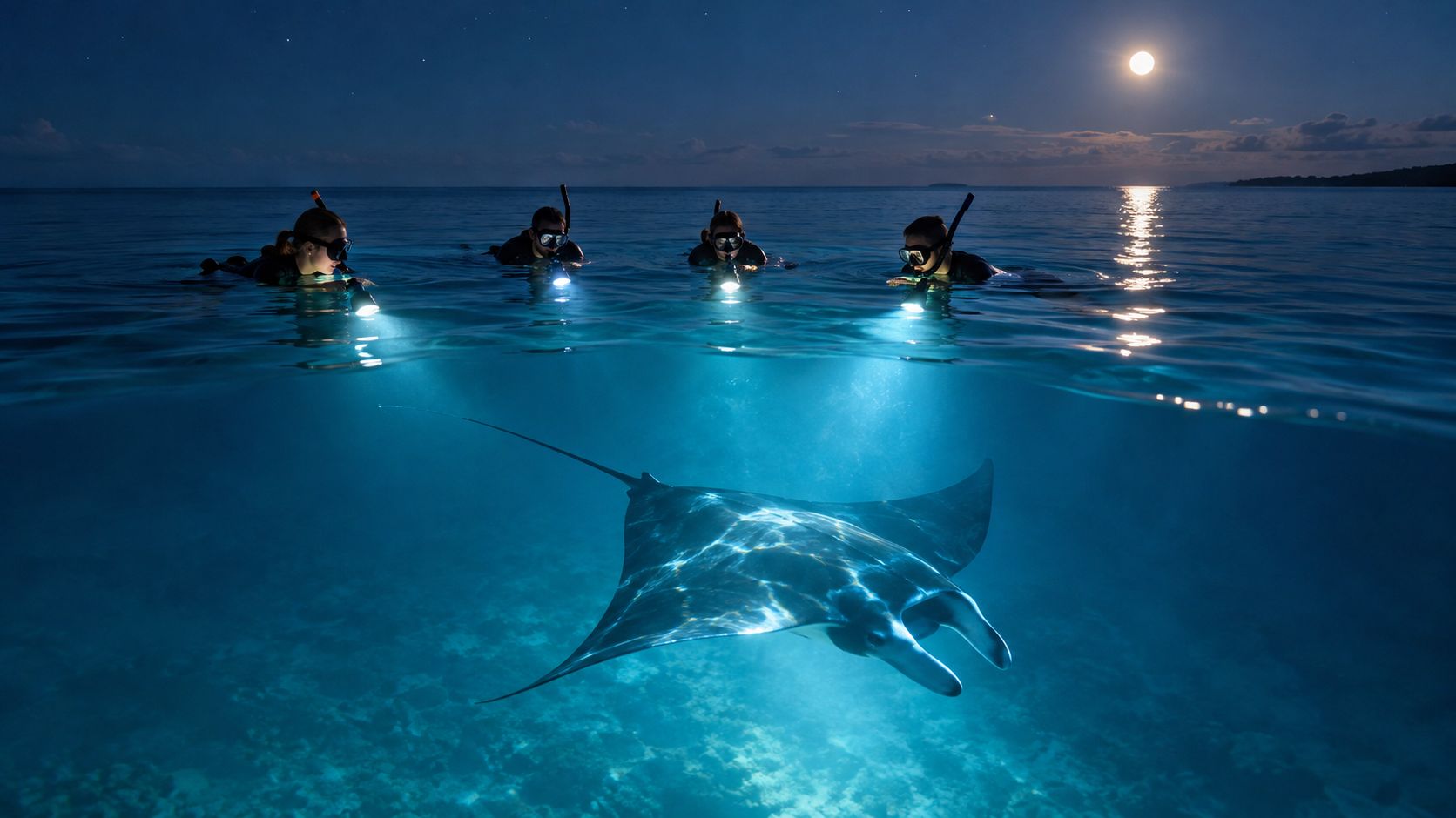 Snorkelers illuminate a large manta ray swimming in clear tropical ocean waters under the bright full moon.