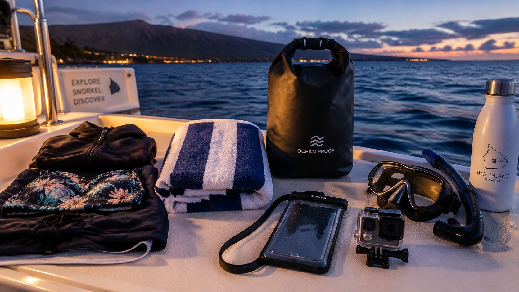 A display of snorkeling gear, a towel, and accessories set on a boat at sunset in Hawaii.