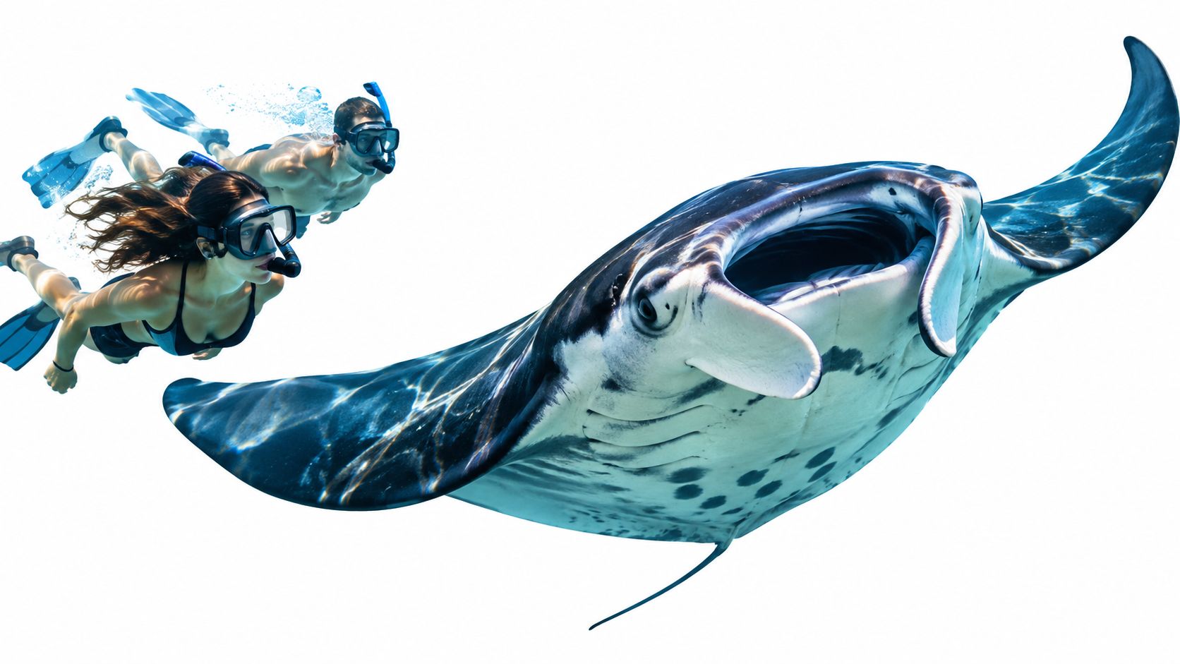 A woman and man snorkeling underwater alongside a large manta ray in the clear blue ocean.