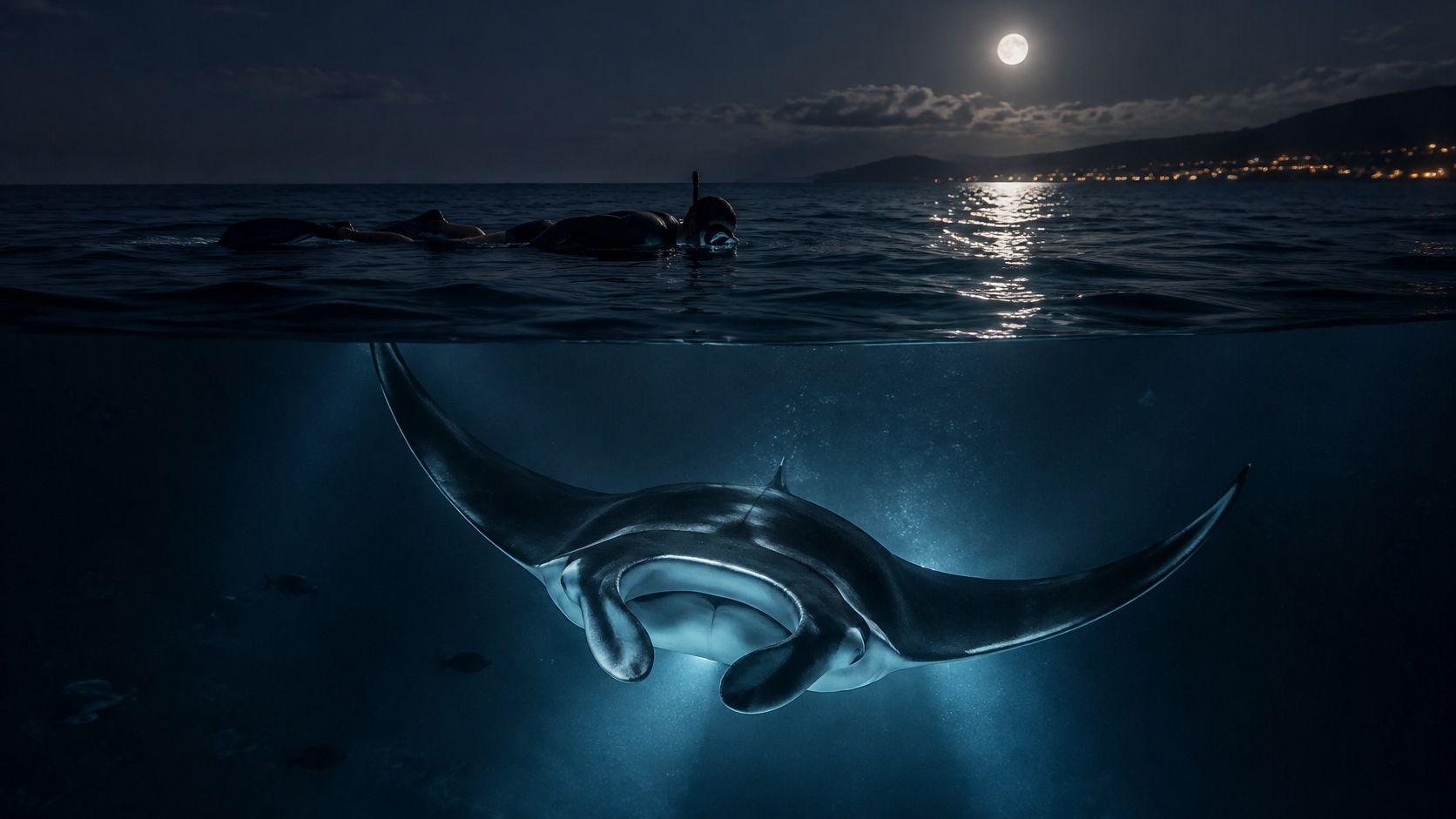 A snorkeler observing a majestic manta ray swimming deep under the surface of the moonlit ocean at night.