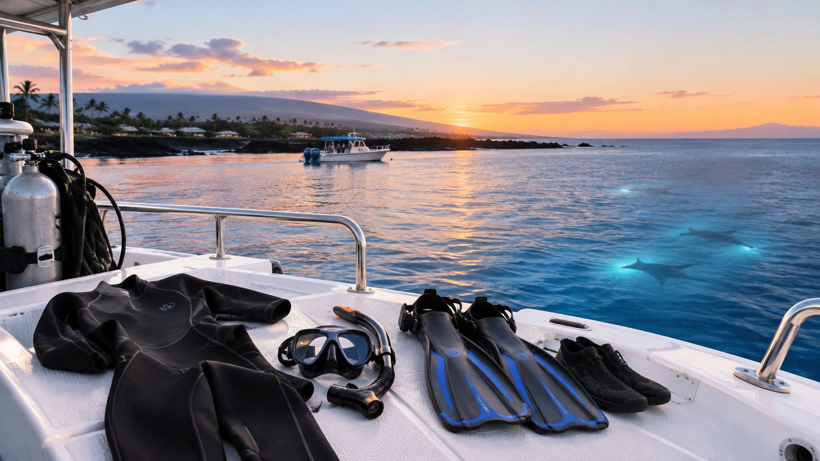 Scuba diving gear, including a wetsuit, mask, and fins, arranged on a boat deck at sunset.