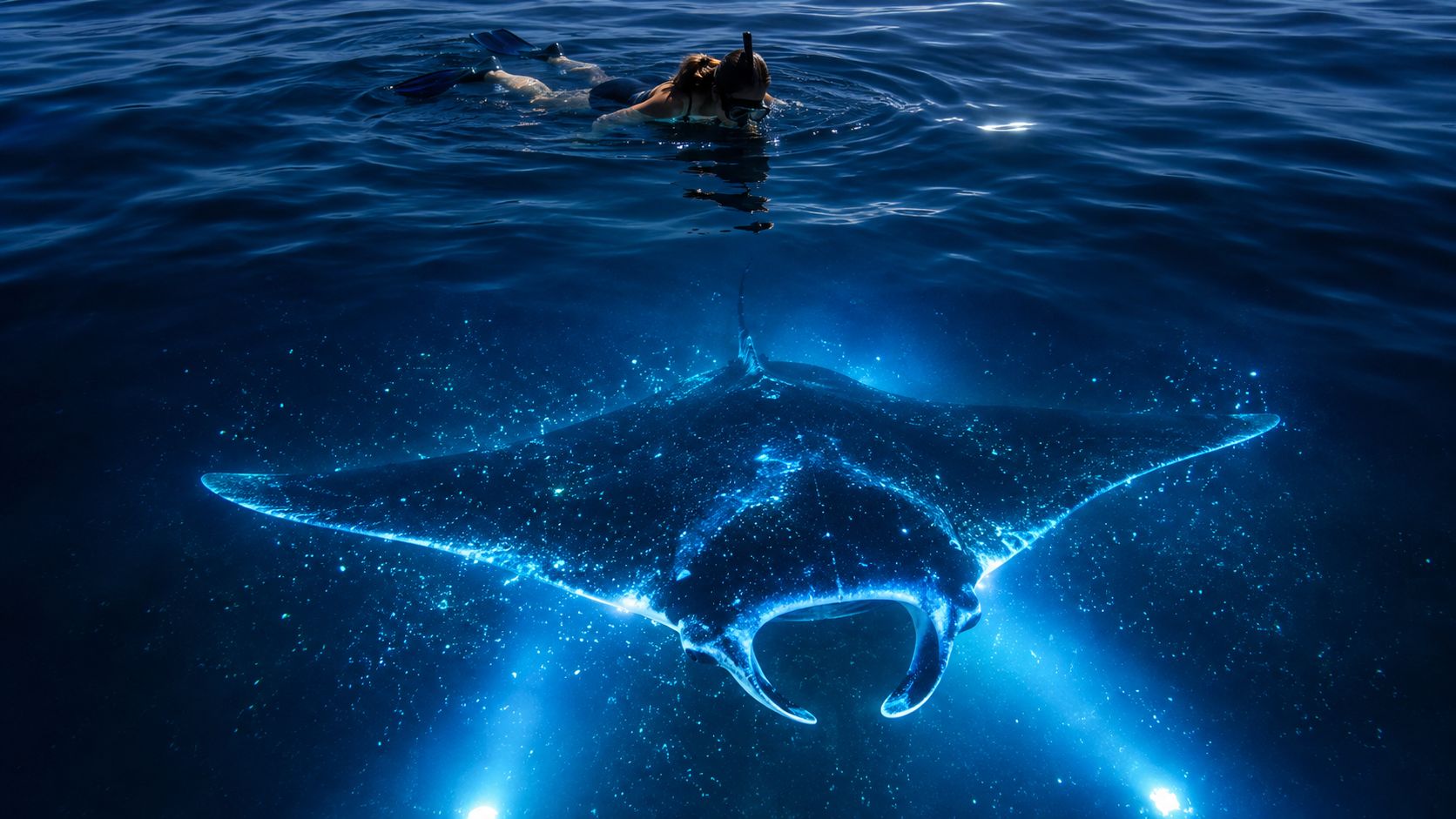 A snorkeler observing a glowing manta ray swimming in deep dark ocean water at night.