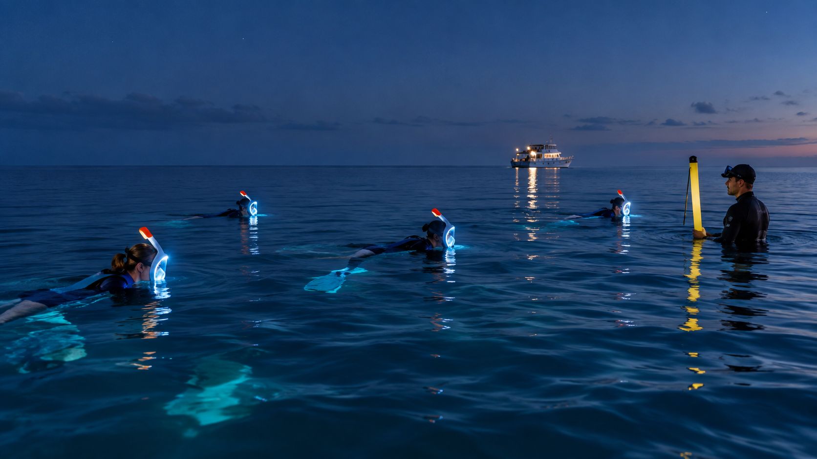 A group of snorkelers wearing illuminated masks swimming in the dark ocean near a boat at night.