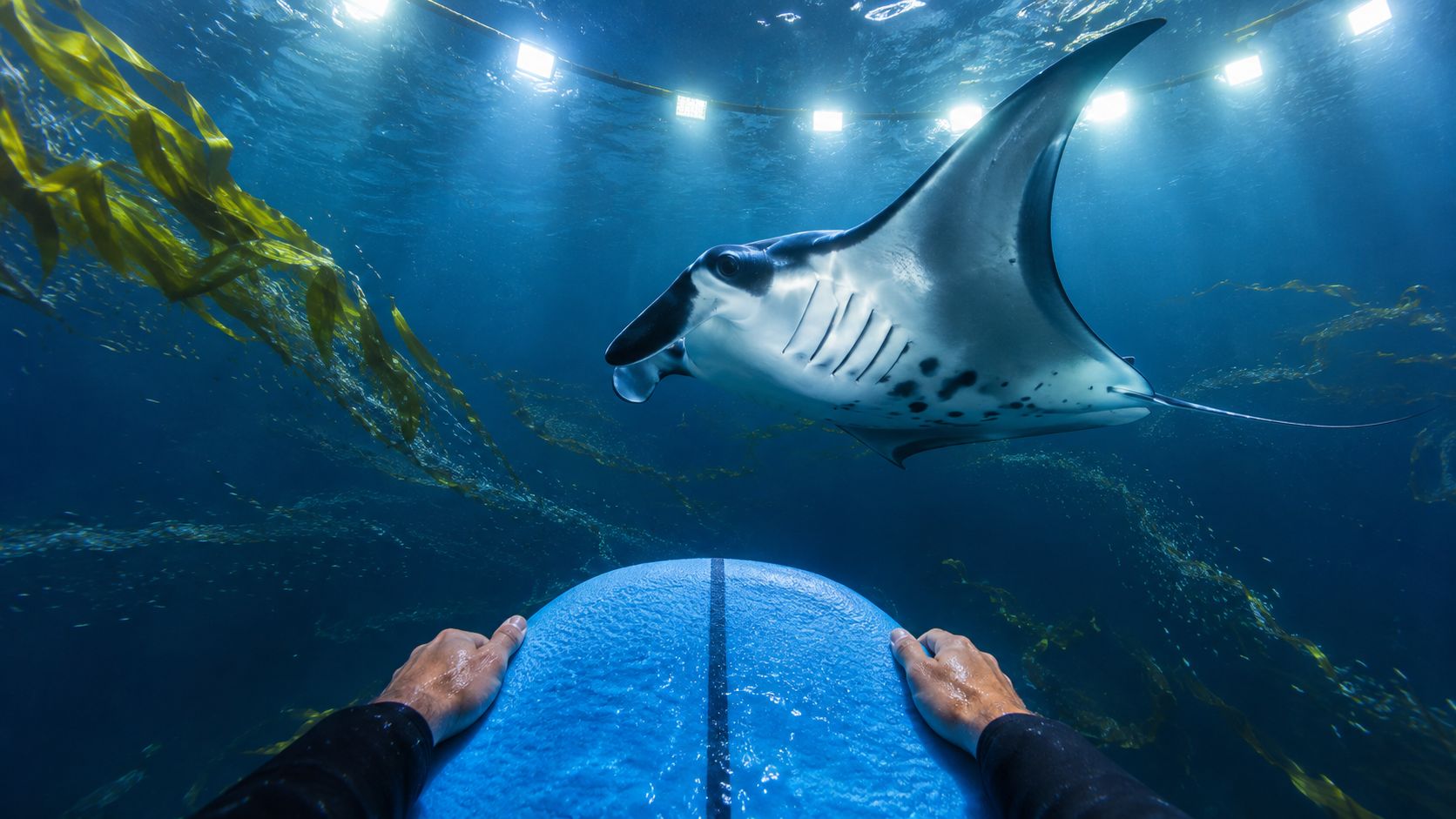 A first-person perspective of a surfer floating on a blue surfboard underwater near a majestic manta ray.