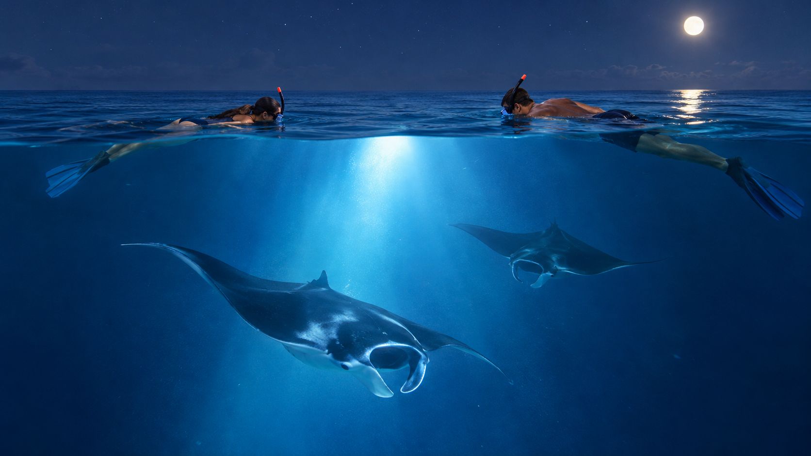 Two snorkelers swimming in the ocean at night near two graceful manta rays under the full moon.