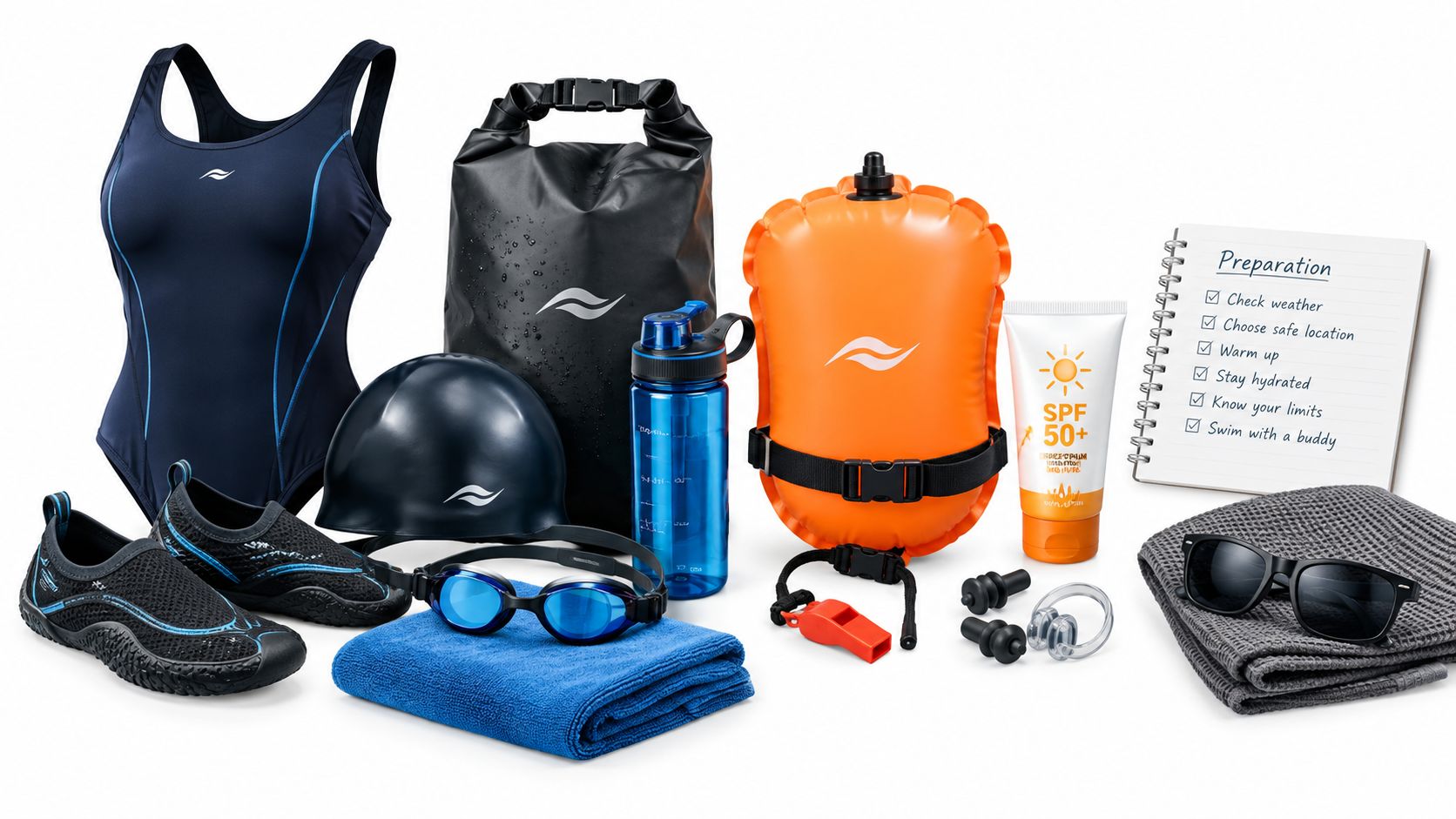 A collection of swimming gear, including a swimsuit, dry bag, goggles, cap, towel, and safety equipment, on a white background.