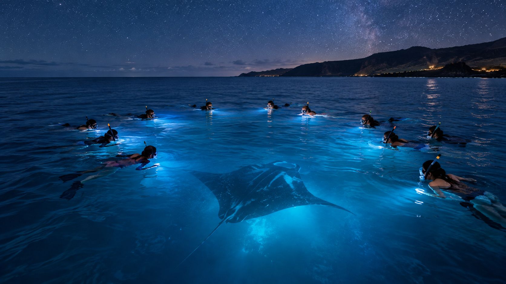 A group of snorkelers in the dark ocean surrounding a large manta ray illuminated by underwater lights.