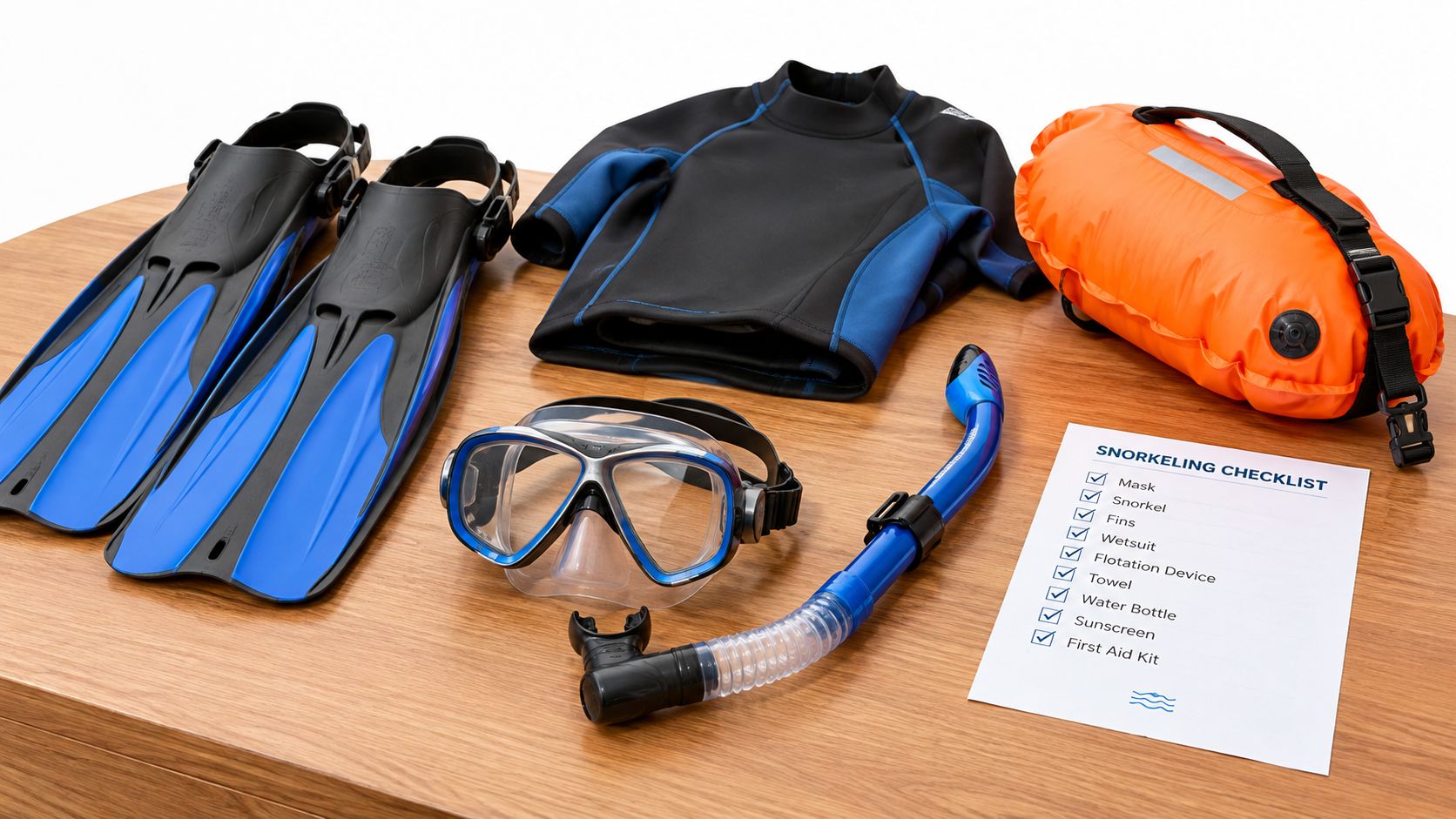 A complete set of snorkeling gear laid out on a wooden table with a checklist nearby.