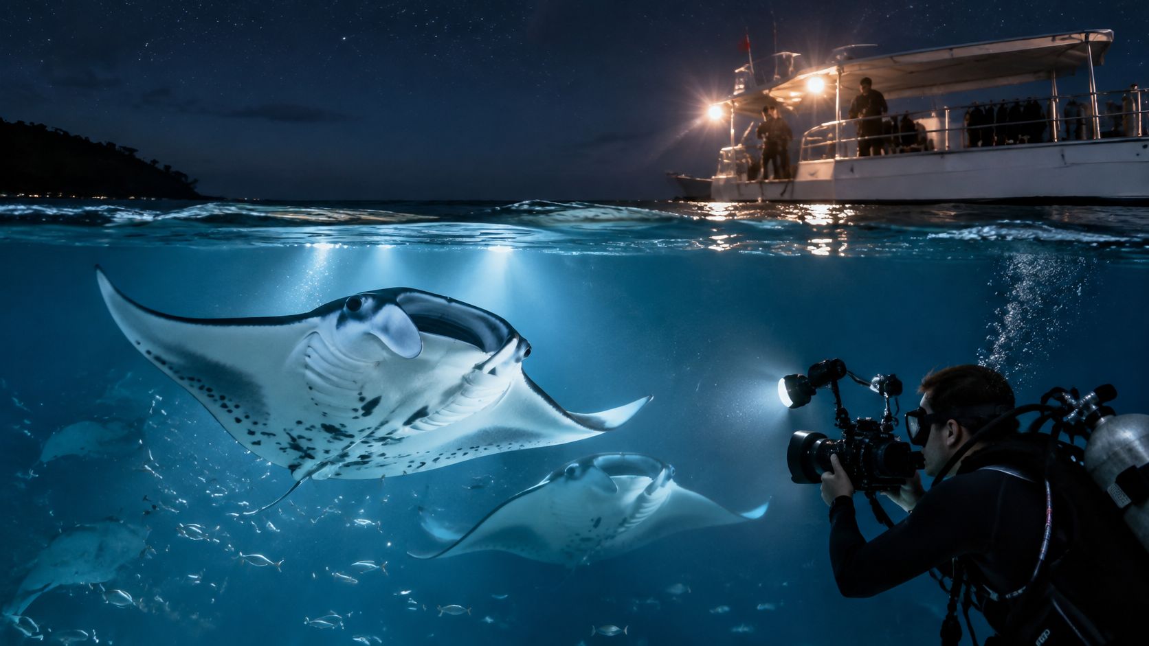 A scuba diver photographs manta rays swimming underwater near a boat at night in the ocean.