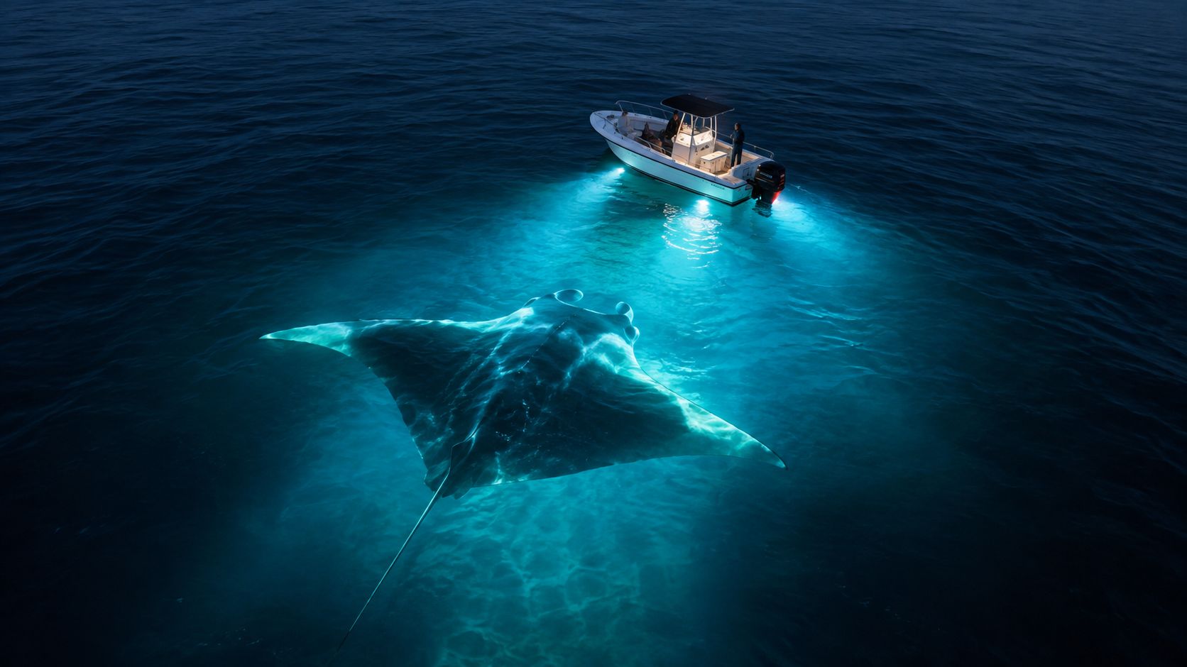 A large manta ray swimming under a lit boat at night in the deep dark ocean waters.