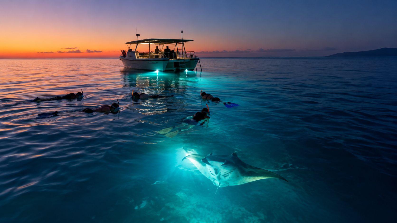 A group of snorkelers swimming in the ocean at night with a manta ray illuminated by boat lights.