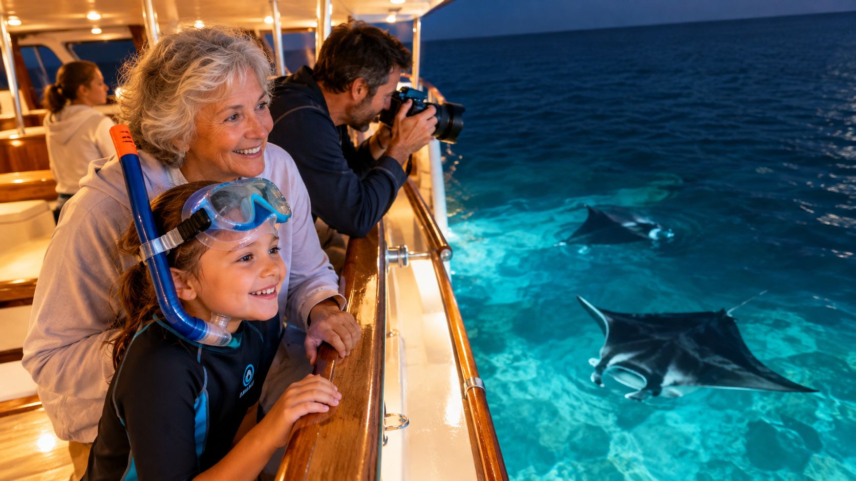 A woman and young child looking excitedly at manta rays swimming near a boat at night.