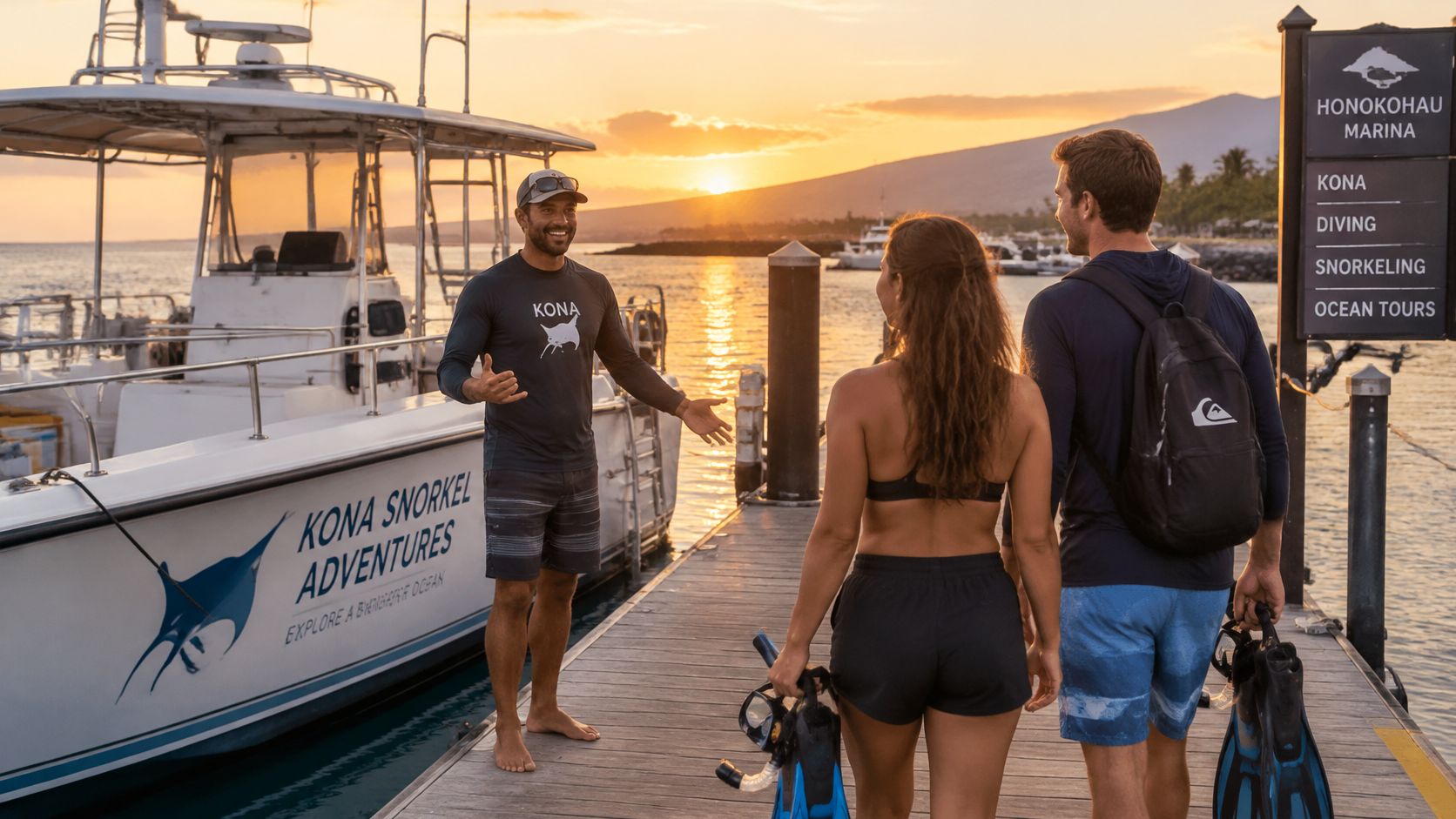 A friendly captain greets a couple preparing for a snorkeling trip at Honokohau Marina in Hawaii.