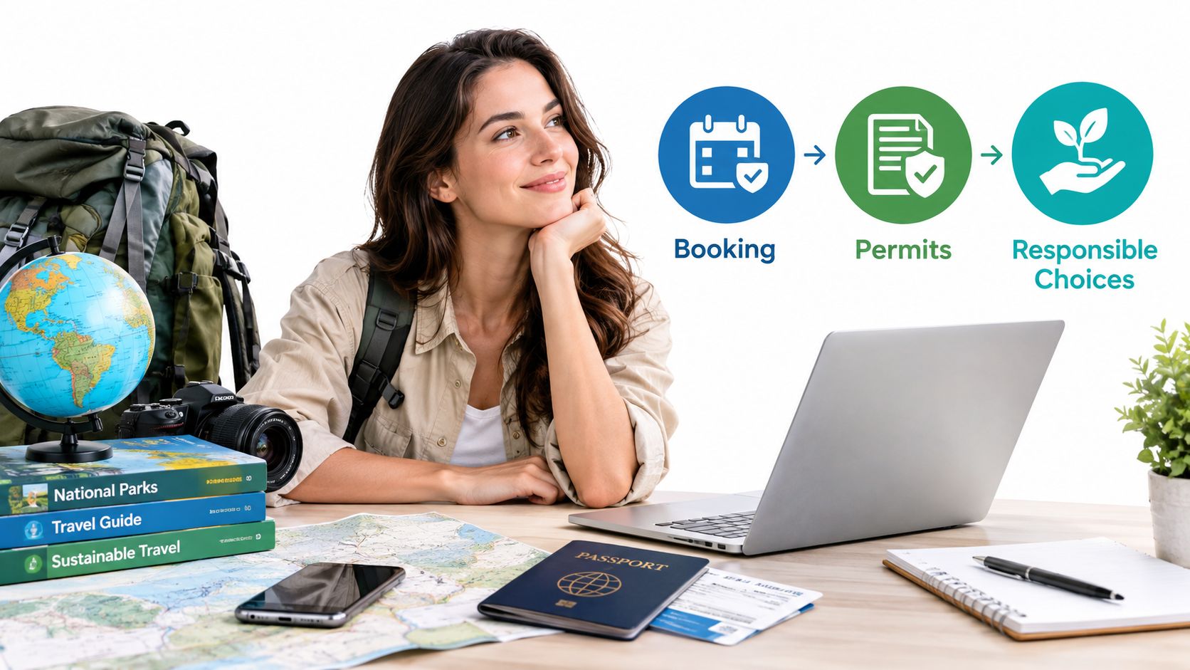 A smiling woman planning an eco-friendly travel adventure with a laptop, map, and passport on a desk.