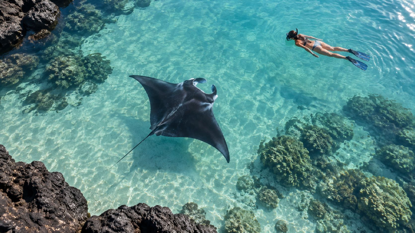 A snorkeler swims in clear blue ocean water near a large manta ray over a coral reef.