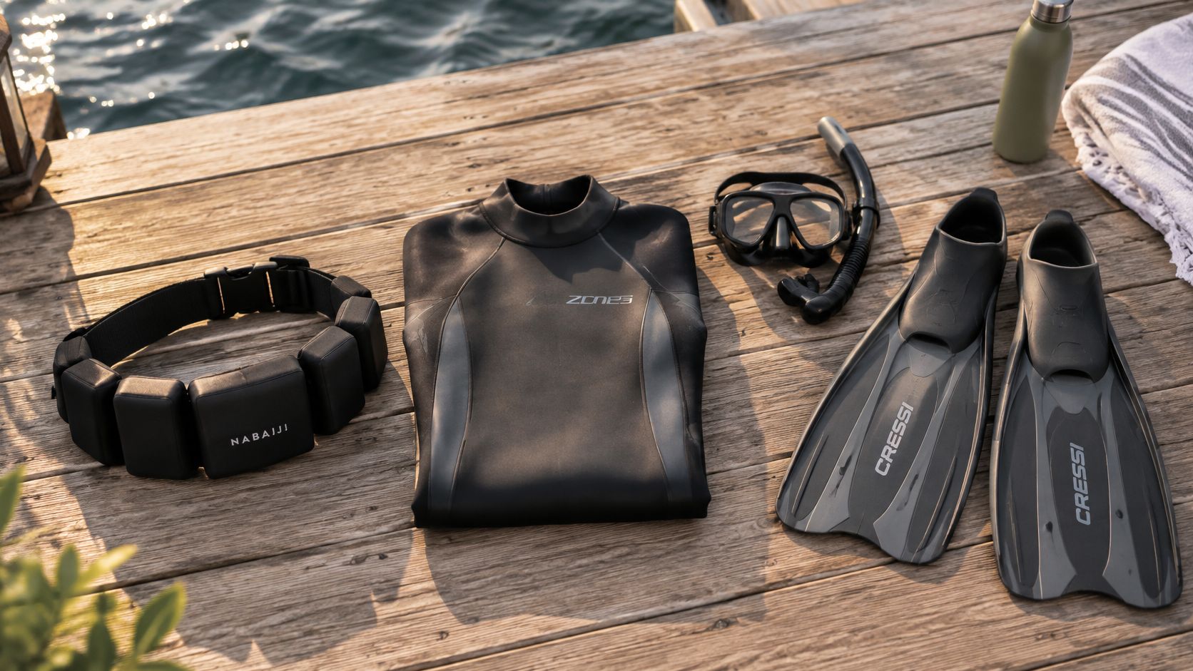 An array of snorkeling and diving equipment arranged neatly on a weathered wooden deck overlooking the ocean.