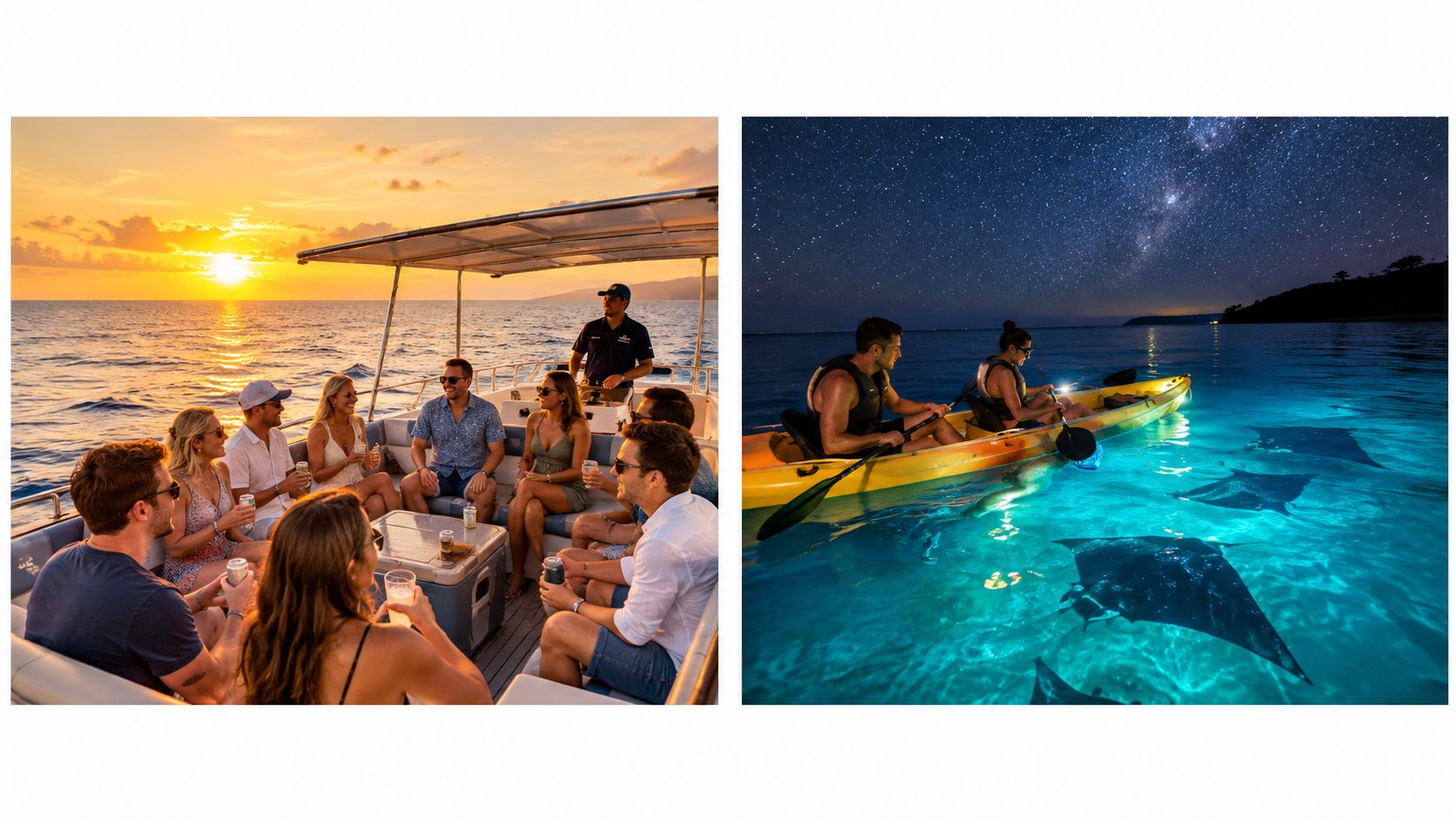 A split-screen image showing people enjoying a boat sunset tour and night kayaking with manta rays.