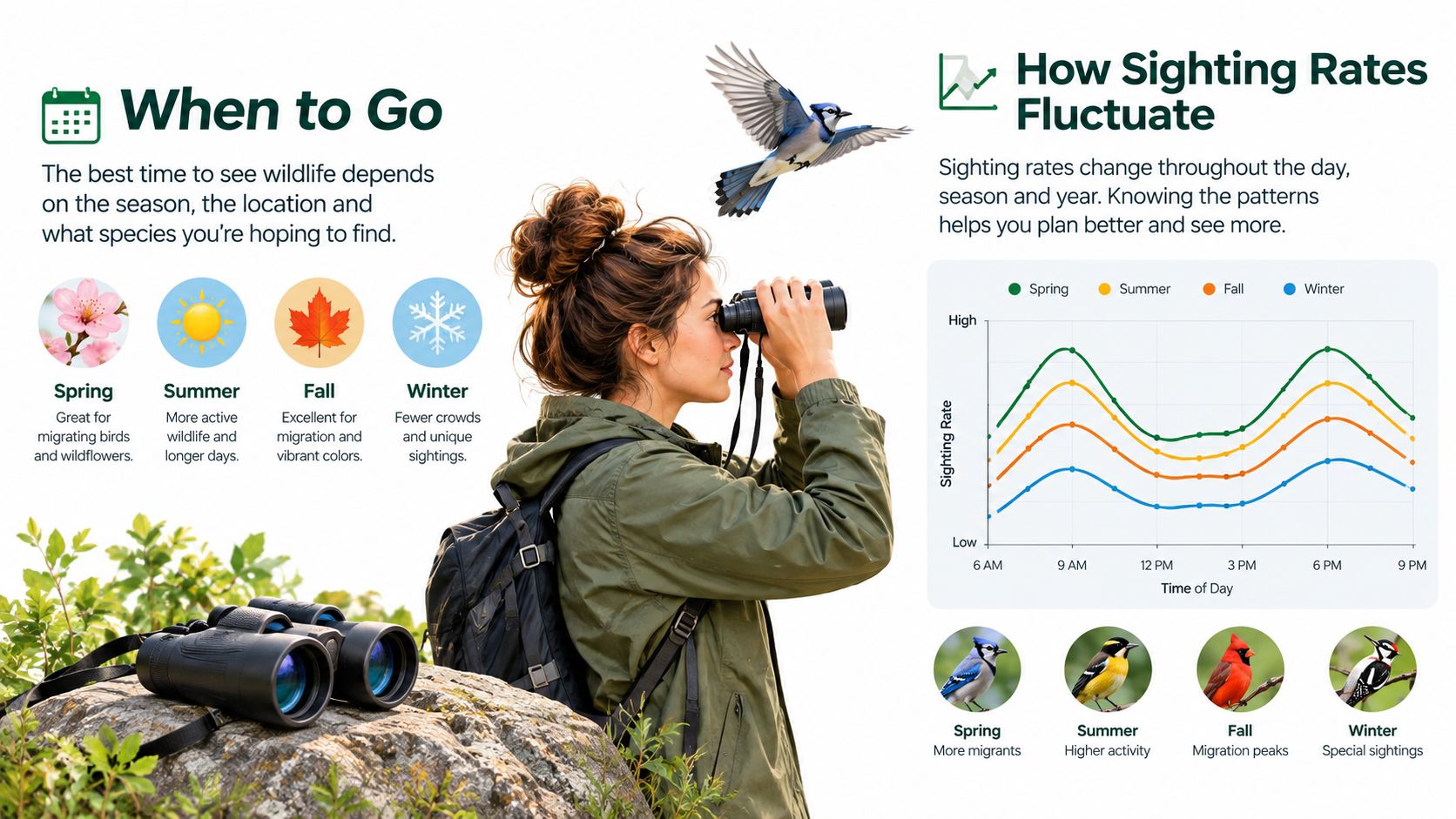 A woman using binoculars in nature with a chart illustrating the best times for wildlife sightings.