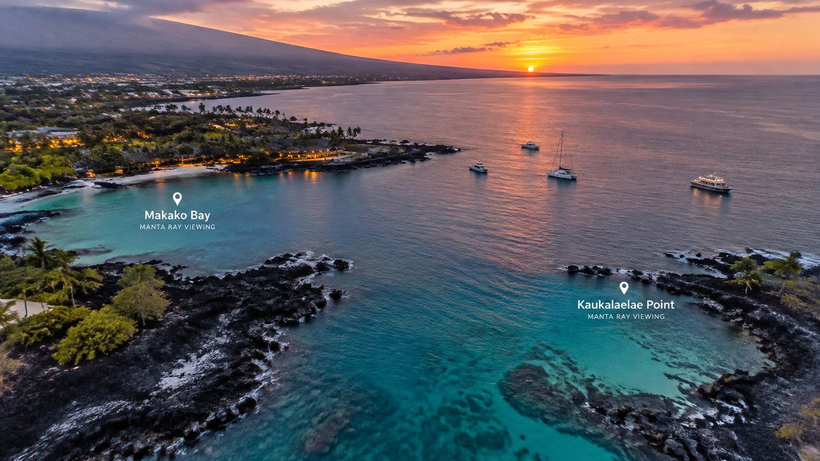 A breathtaking sunset over the Pacific Ocean, highlighting Makako Bay and Kaukalalae Point on Hawaii's Big Island.