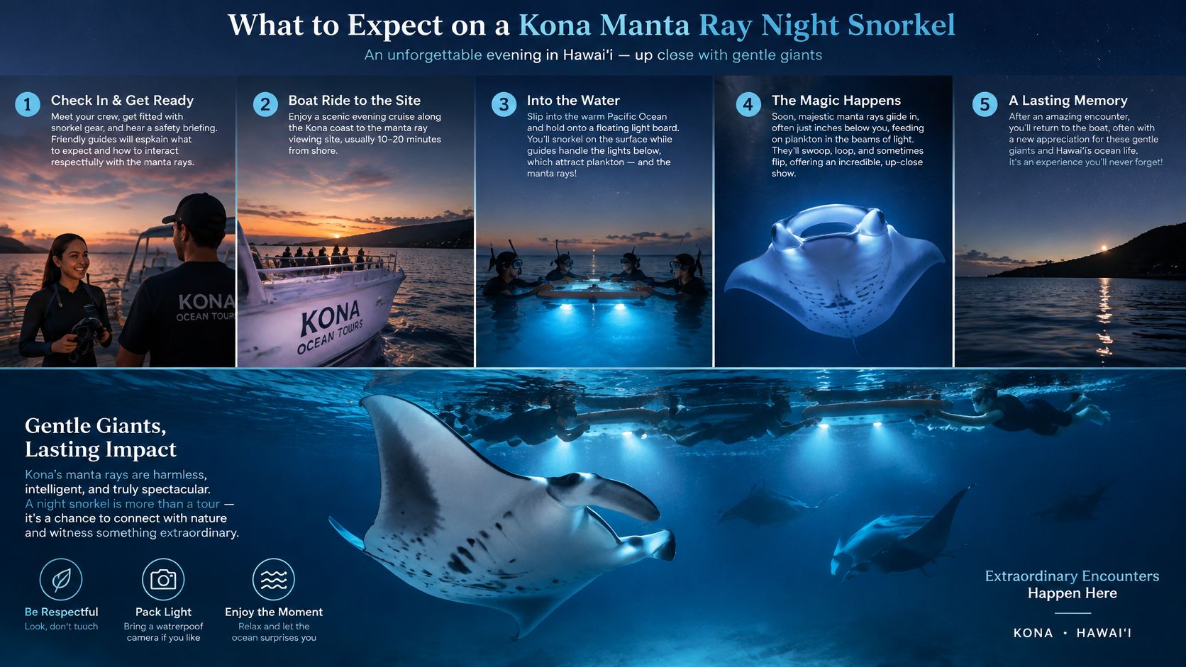 An infographic detailing the five steps of a manta ray night snorkeling experience in Kona, Hawaii.