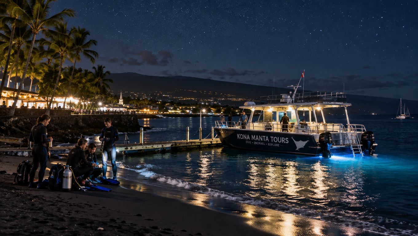 Divers preparing for a night manta ray snorkel tour on a beach in Kailua-Kona, Hawaii.