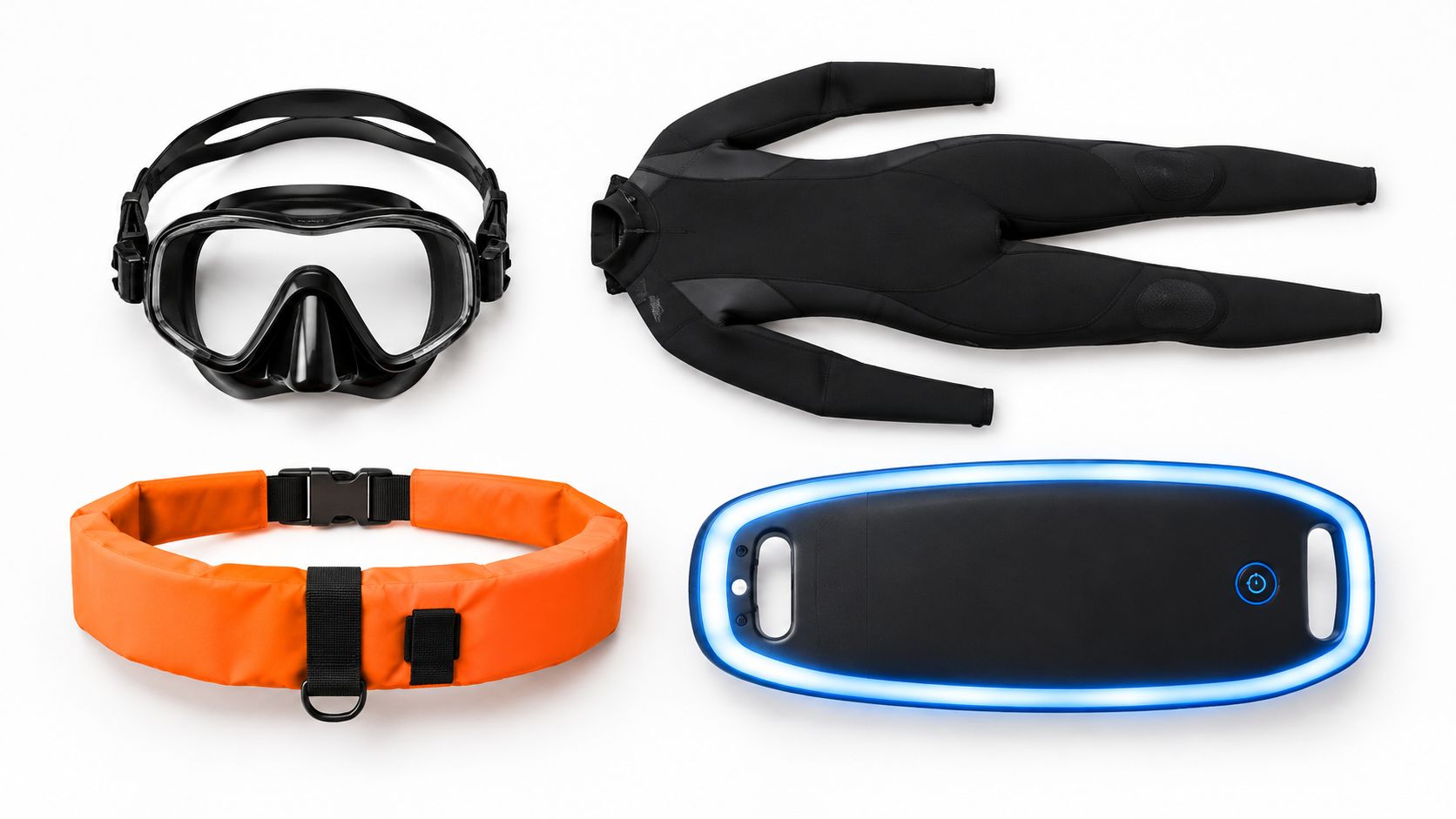 Set of snorkeling and swimming gear including a black mask, wetsuit, orange weight belt, and electronic kickboard.