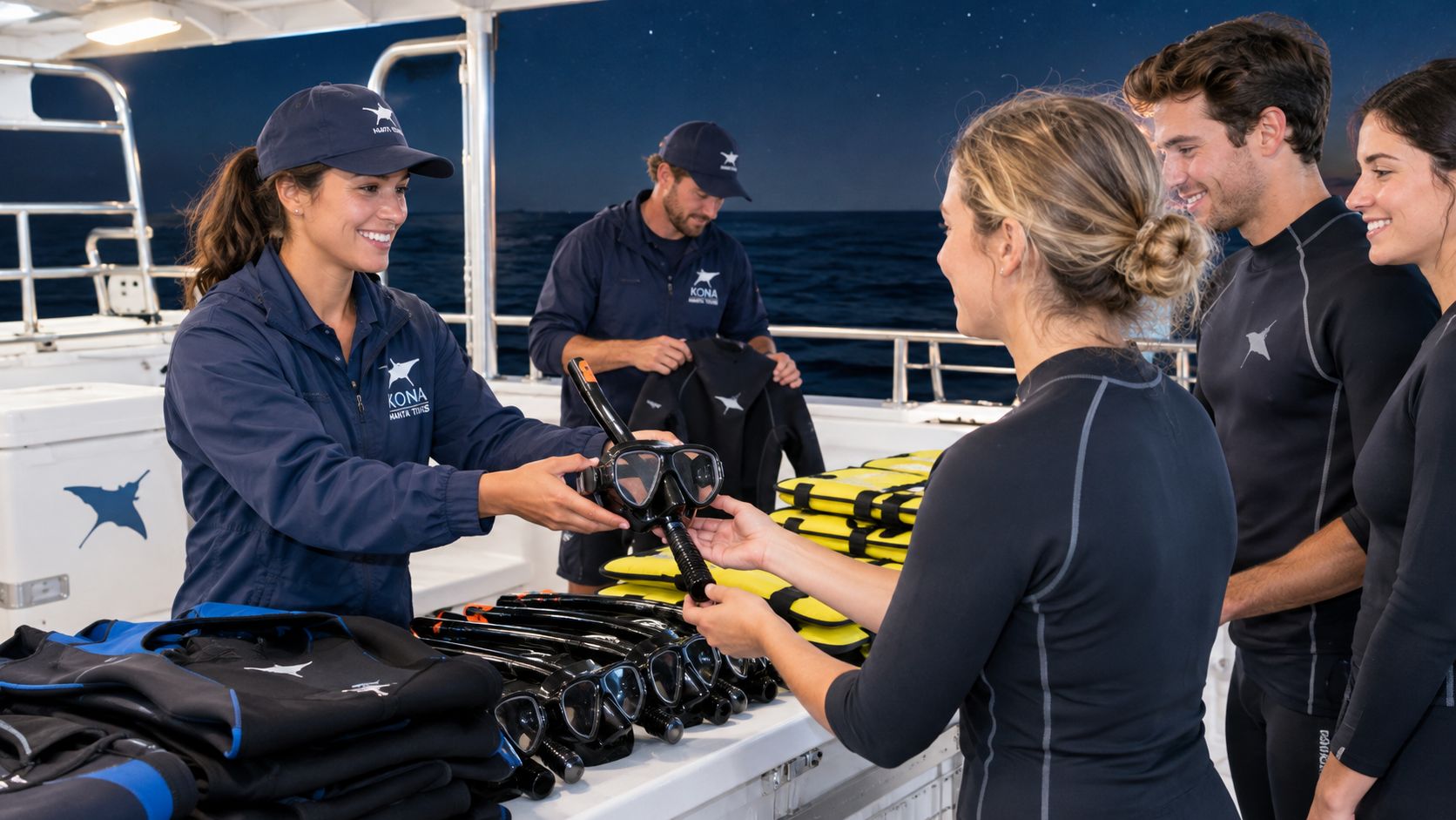 A crew member distributing snorkeling gear to a guest on a boat for a night manta ray tour.
